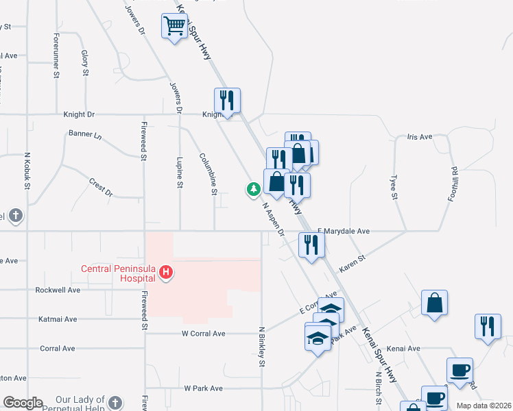 map of restaurants, bars, coffee shops, grocery stores, and more near 328 Columbine Street in Soldotna