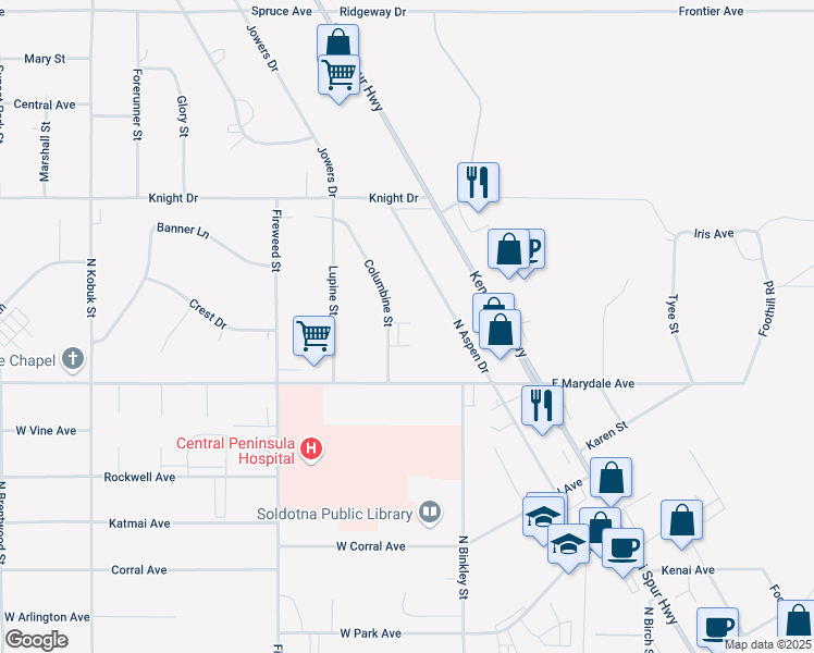 map of restaurants, bars, coffee shops, grocery stores, and more near 321 Columbine Street in Soldotna
