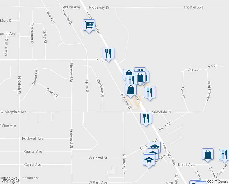 map of restaurants, bars, coffee shops, grocery stores, and more near 321 Columbine Street in Soldotna