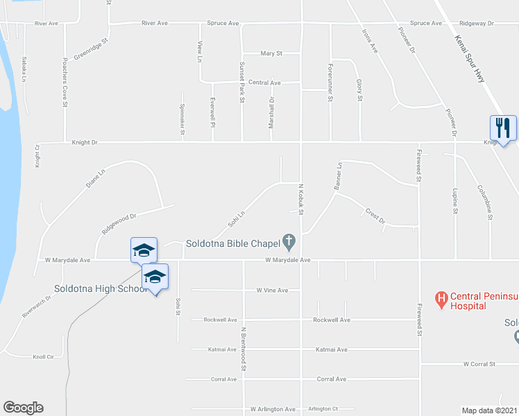 map of restaurants, bars, coffee shops, grocery stores, and more near 335 Sohi Lane in Soldotna