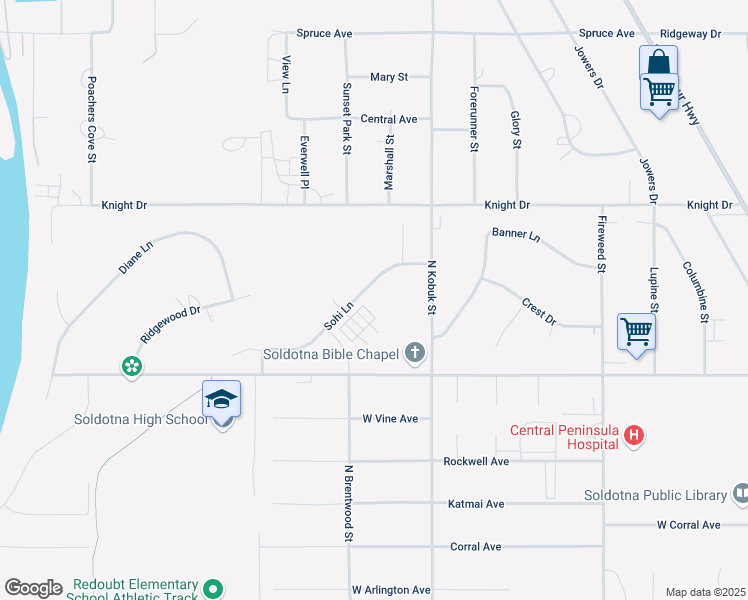 map of restaurants, bars, coffee shops, grocery stores, and more near 335 Sohi Lane in Soldotna