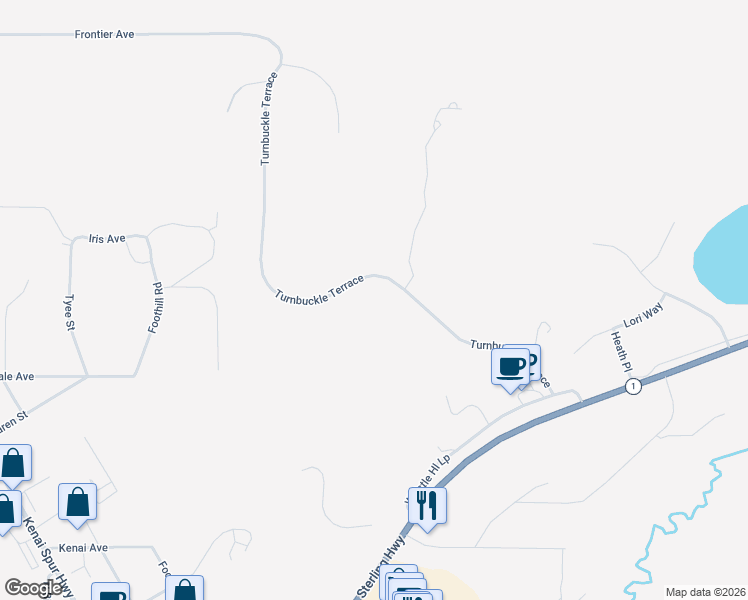 map of restaurants, bars, coffee shops, grocery stores, and more near 391 Turnbuckle Terrace in Soldotna