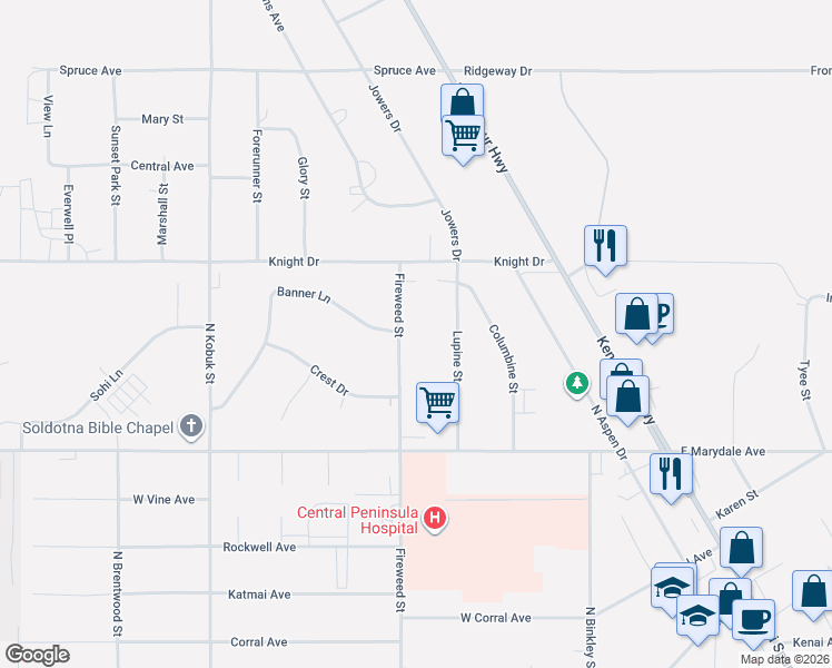 map of restaurants, bars, coffee shops, grocery stores, and more near 238 Crest Drive in Soldotna