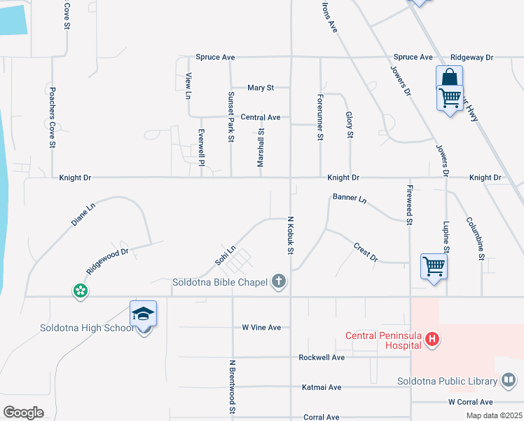 map of restaurants, bars, coffee shops, grocery stores, and more near 379 Starlite Court in Soldotna