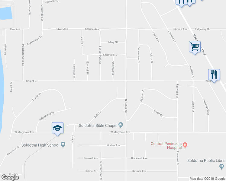 map of restaurants, bars, coffee shops, grocery stores, and more near 379 Starlite Court in Soldotna