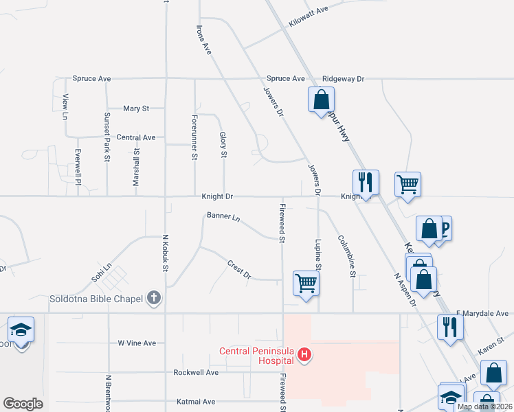 map of restaurants, bars, coffee shops, grocery stores, and more near 282 Crest Drive in Soldotna