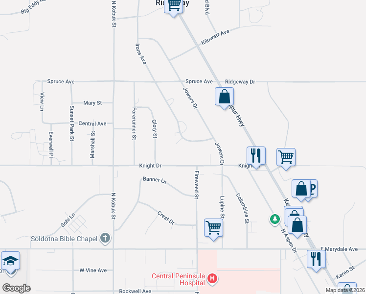 map of restaurants, bars, coffee shops, grocery stores, and more near 214 Banner Lane in Soldotna