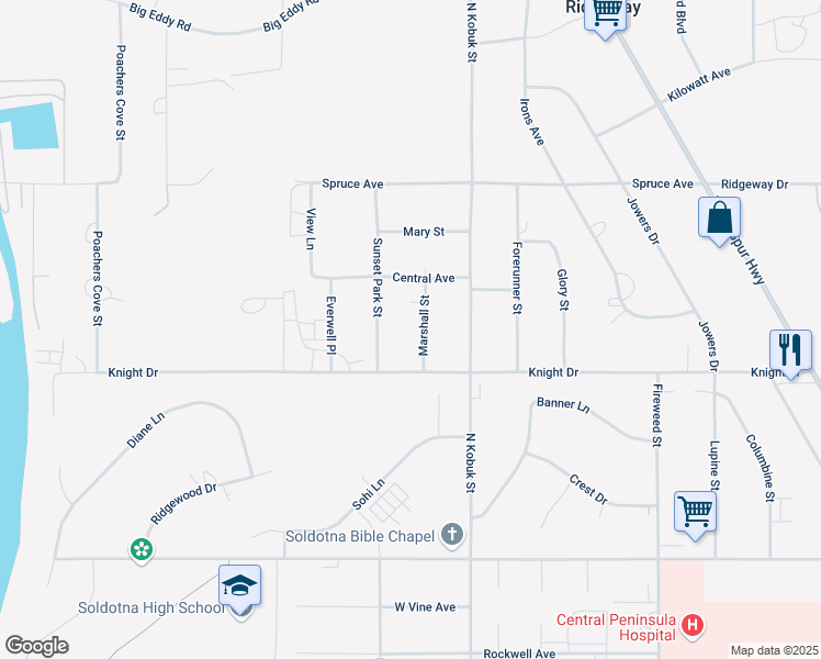 map of restaurants, bars, coffee shops, grocery stores, and more near 35799 Marshall Street in Soldotna