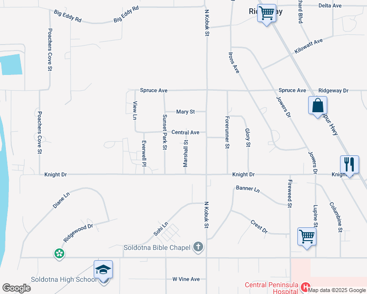 map of restaurants, bars, coffee shops, grocery stores, and more near 35793 Sunset Park Street in Soldotna