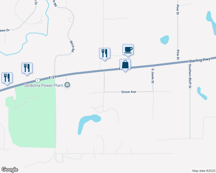 map of restaurants, bars, coffee shops, grocery stores, and more near 41725 Grove Avenue in Soldotna