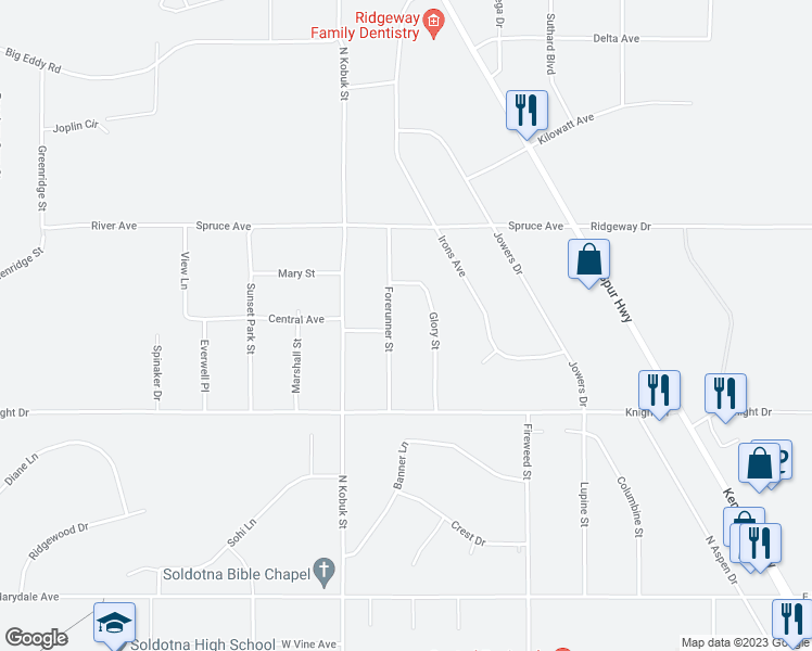 map of restaurants, bars, coffee shops, grocery stores, and more near 35860 Forerunner Street in Soldotna