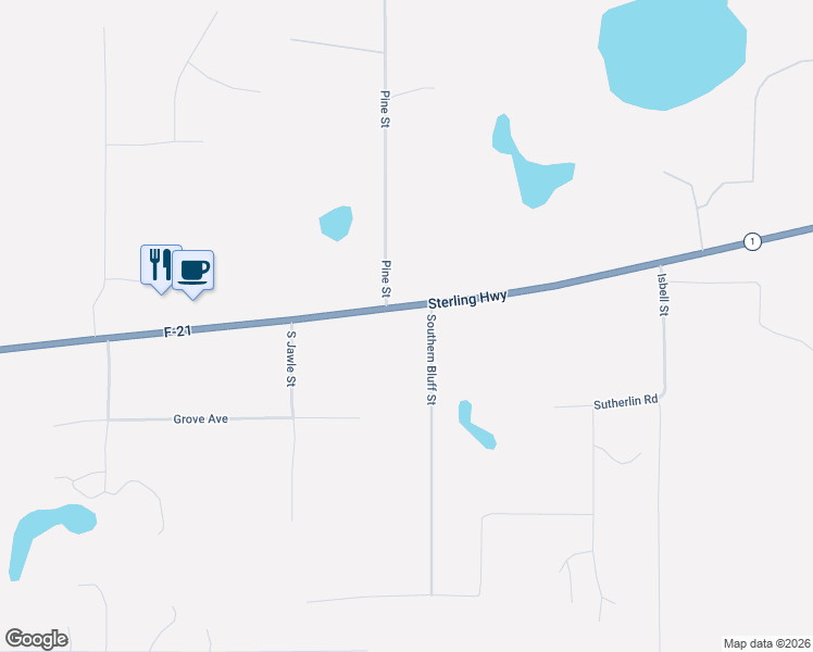 map of restaurants, bars, coffee shops, grocery stores, and more near 41420 Grove Court in Soldotna