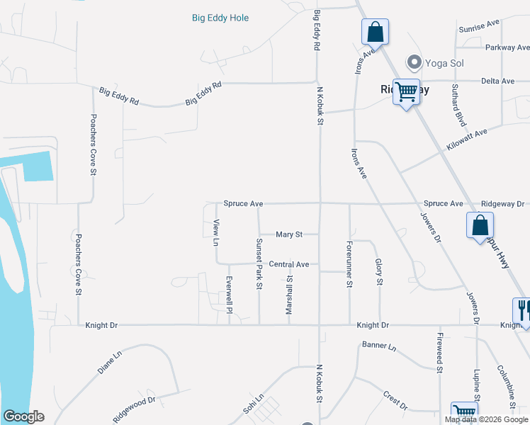 map of restaurants, bars, coffee shops, grocery stores, and more near 35970 View Lane in Soldotna