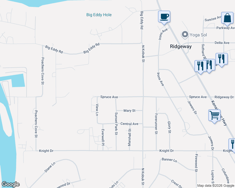 map of restaurants, bars, coffee shops, grocery stores, and more near 35970 View Lane in Soldotna