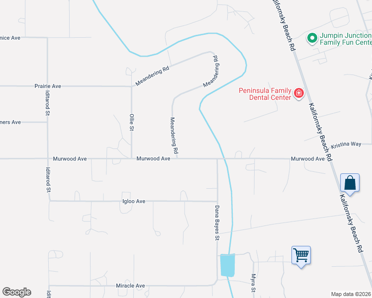 map of restaurants, bars, coffee shops, grocery stores, and more near 36026 Meandering Road in Soldotna