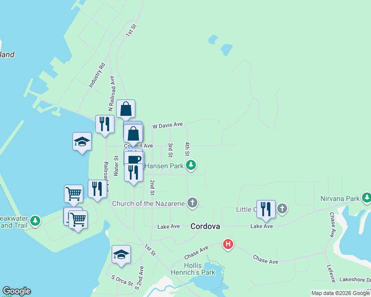 map of restaurants, bars, coffee shops, grocery stores, and more near 400 Council Avenue in Cordova