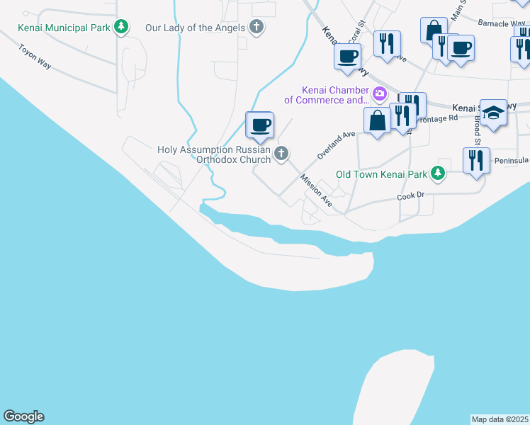 map of restaurants, bars, coffee shops, grocery stores, and more near 612 Inlet Street in Kenai