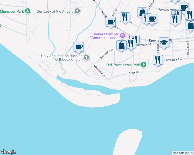 map of restaurants, bars, coffee shops, grocery stores, and more near 612 Inlet St in Kenai