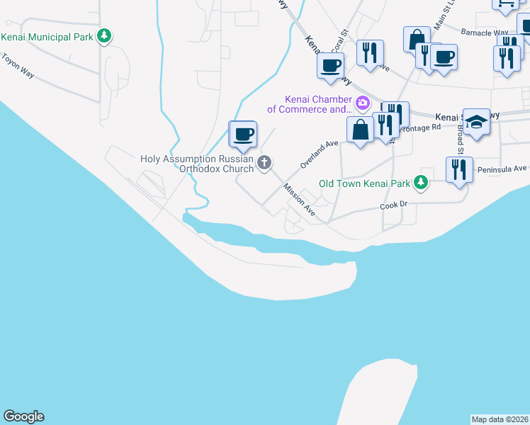 map of restaurants, bars, coffee shops, grocery stores, and more near 1109 Alaska Avenue in Kenai