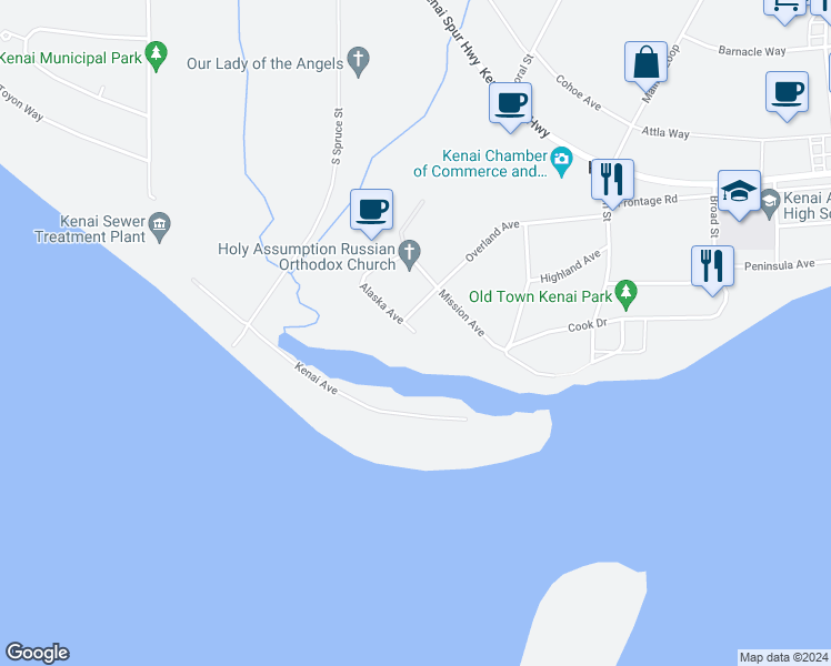 map of restaurants, bars, coffee shops, grocery stores, and more near 1000 Alaska Avenue in Kenai