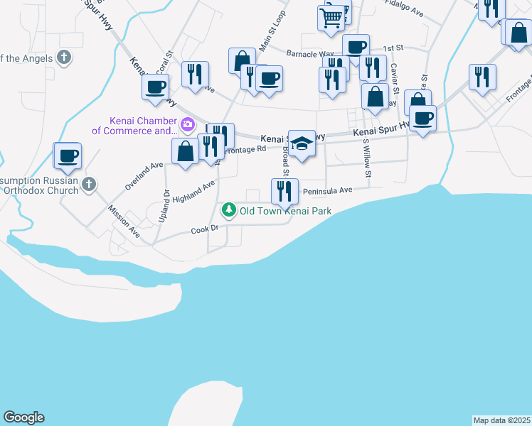 map of restaurants, bars, coffee shops, grocery stores, and more near 603 Main Street in Kenai