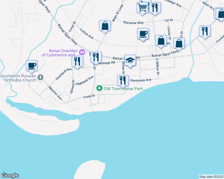 map of restaurants, bars, coffee shops, grocery stores, and more near 603 Main Street in Kenai