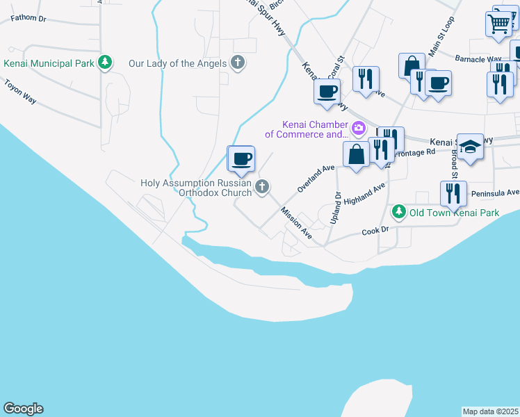 map of restaurants, bars, coffee shops, grocery stores, and more near 1109 Alaska Avenue in Kenai