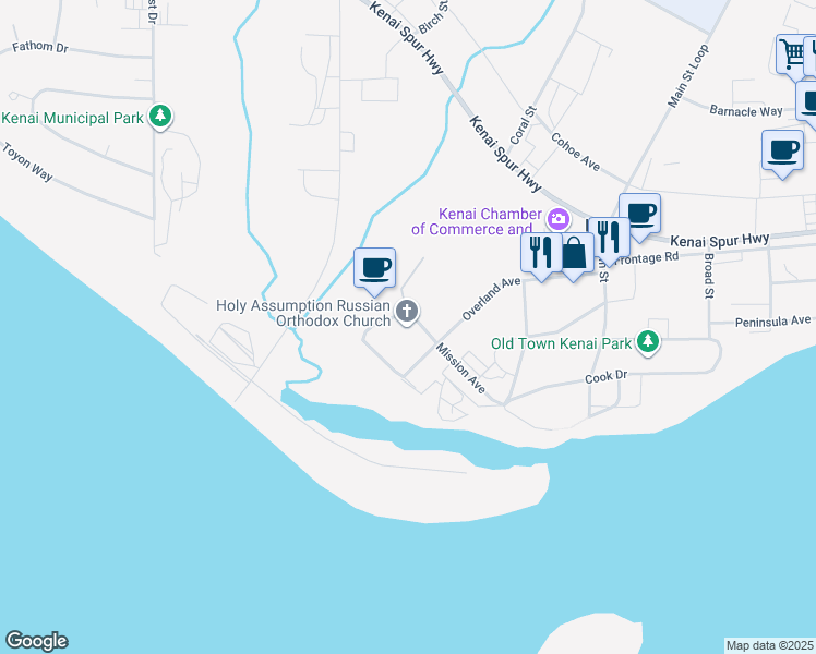 map of restaurants, bars, coffee shops, grocery stores, and more near 1105 Mission Avenue in Kenai