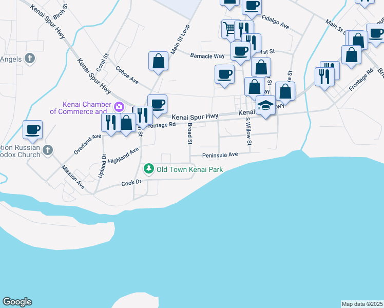 map of restaurants, bars, coffee shops, grocery stores, and more near 510 Broad Street in Kenai