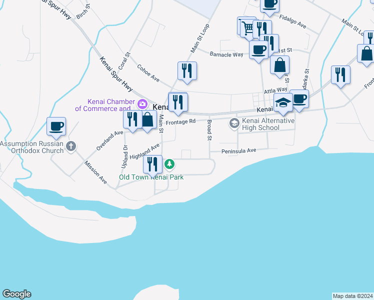 map of restaurants, bars, coffee shops, grocery stores, and more near 820 Peninsula Avenue in Kenai