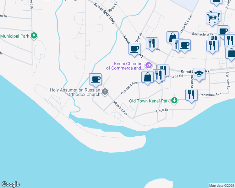 map of restaurants, bars, coffee shops, grocery stores, and more near 1105 Mission Avenue in Kenai