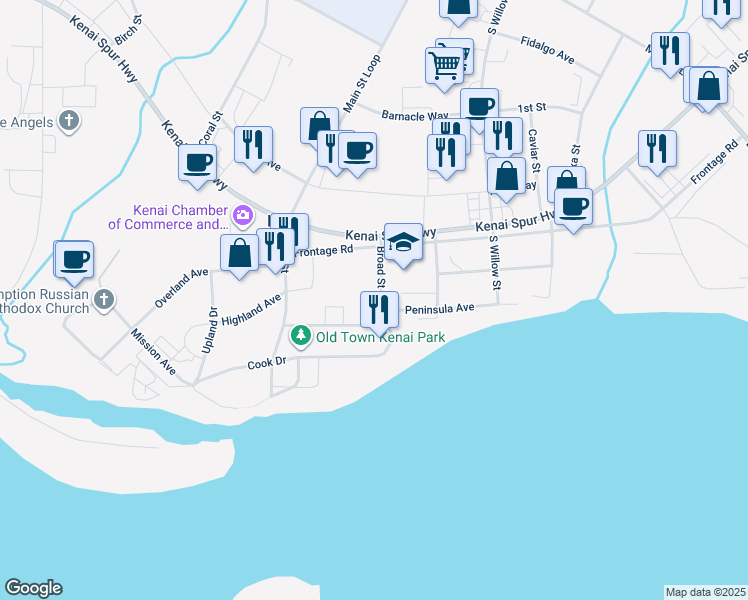 map of restaurants, bars, coffee shops, grocery stores, and more near 510 Broad Street in Kenai