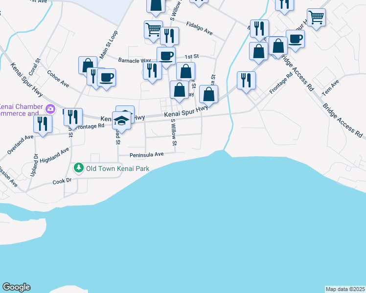 map of restaurants, bars, coffee shops, grocery stores, and more near 511 South Willow Street in Kenai