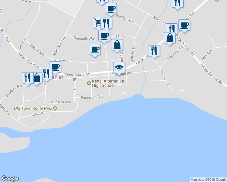 map of restaurants, bars, coffee shops, grocery stores, and more near 511 South Willow Street in Kenai