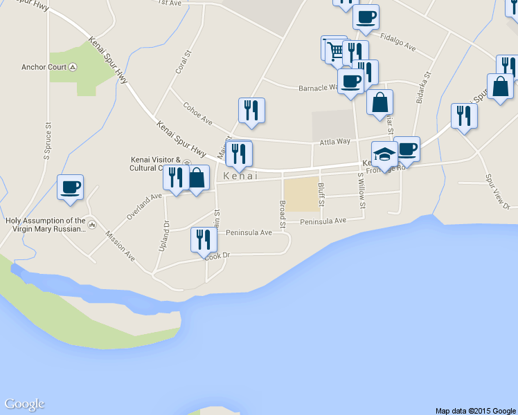 map of restaurants, bars, coffee shops, grocery stores, and more near 820 Peninsula Ave in Kenai