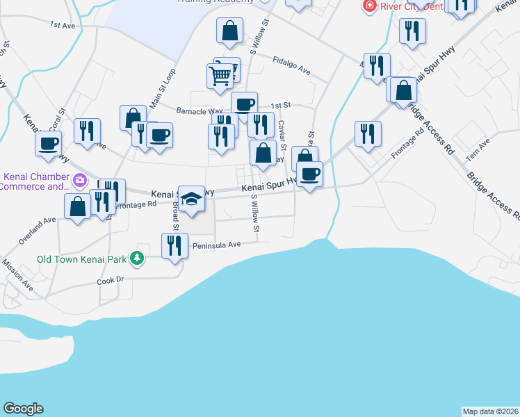 map of restaurants, bars, coffee shops, grocery stores, and more near 508 South Willow Street in Kenai
