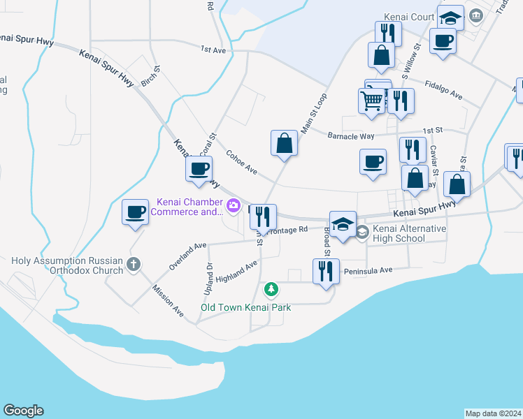 map of restaurants, bars, coffee shops, grocery stores, and more near in Kenai