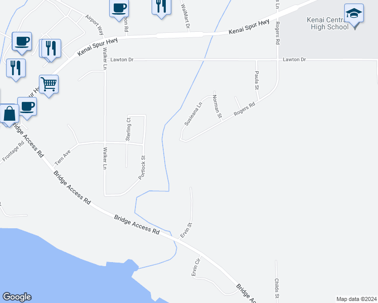 map of restaurants, bars, coffee shops, grocery stores, and more near 300 Rogers Road in Kenai