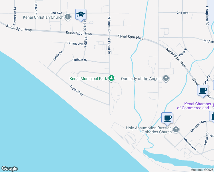 map of restaurants, bars, coffee shops, grocery stores, and more near 1514 Toyon Way in Kenai