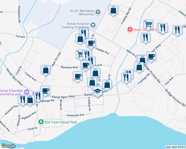 map of restaurants, bars, coffee shops, grocery stores, and more near 215 South Willow Street in Kenai