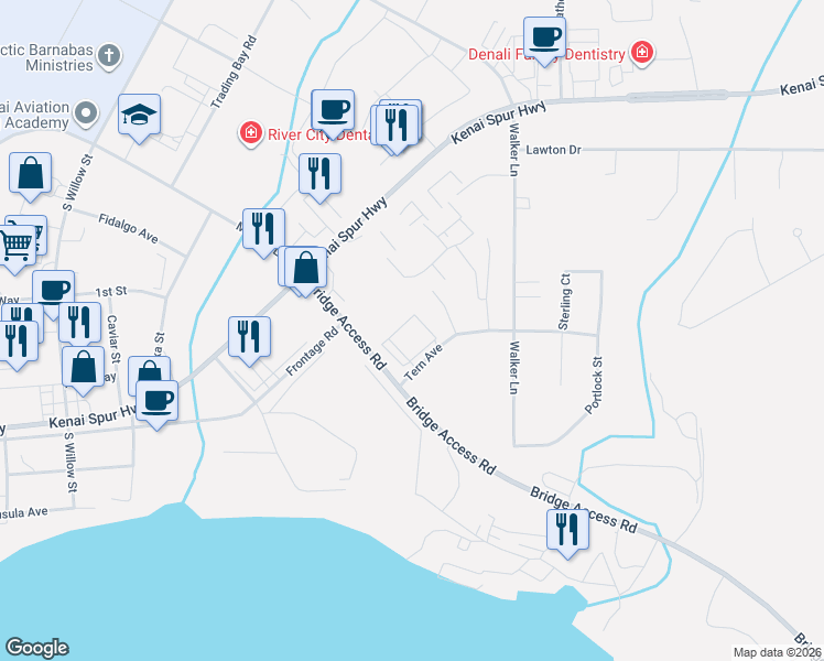 map of restaurants, bars, coffee shops, grocery stores, and more near 193 Bridge Access Road in Kenai