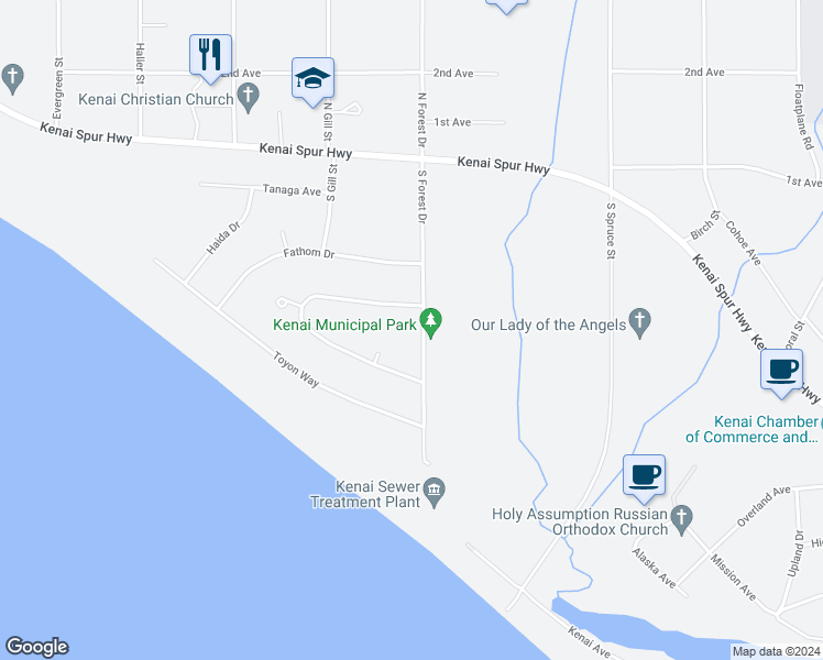 map of restaurants, bars, coffee shops, grocery stores, and more near 1514 Toyon Way in Kenai