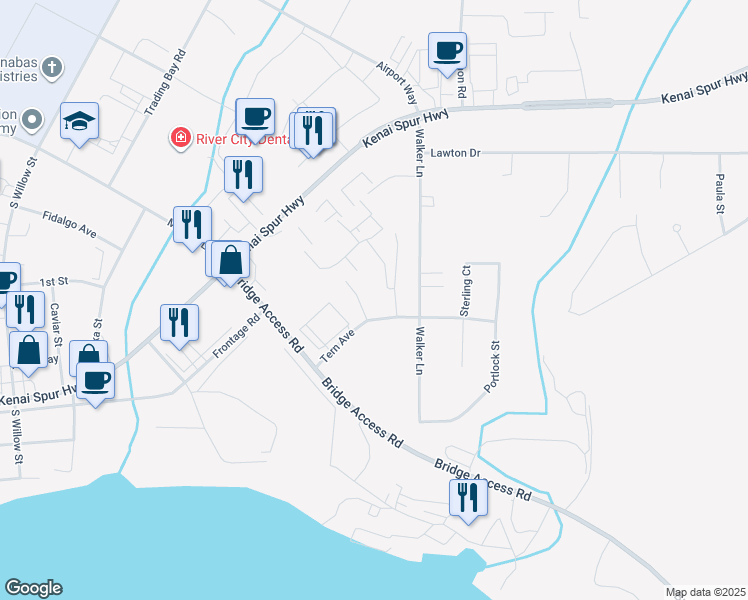 map of restaurants, bars, coffee shops, grocery stores, and more near 99 Tern Avenue in Kenai