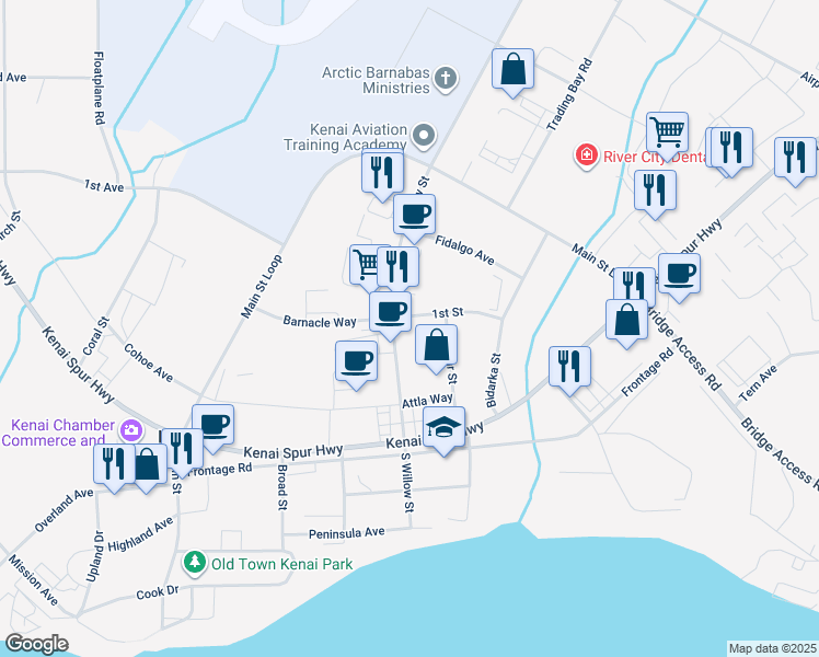map of restaurants, bars, coffee shops, grocery stores, and more near 215 South Willow Street in Kenai