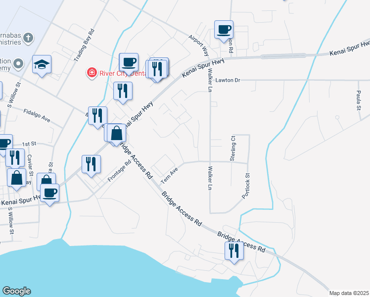 map of restaurants, bars, coffee shops, grocery stores, and more near 99 Tern Avenue in Kenai