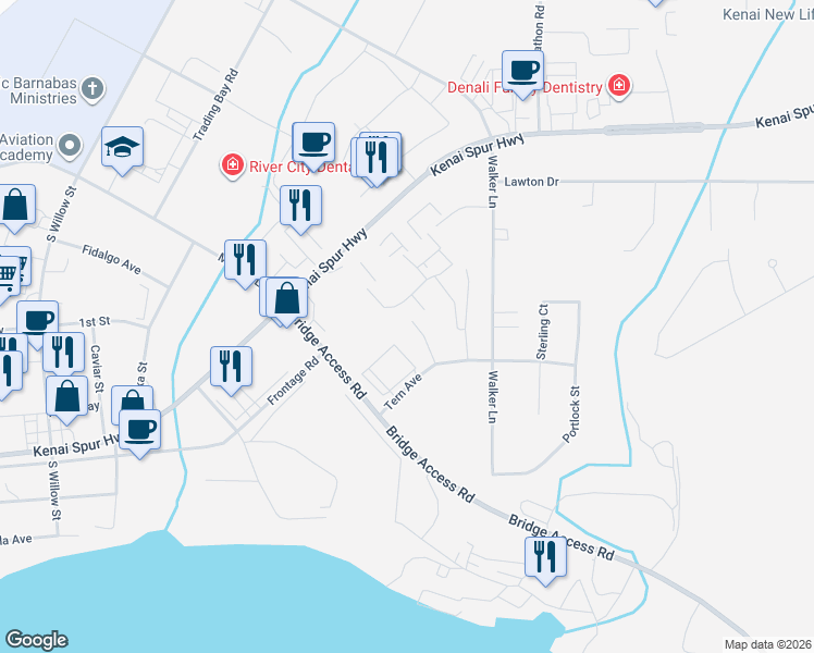 map of restaurants, bars, coffee shops, grocery stores, and more near 193 Bridge Access Road in Kenai