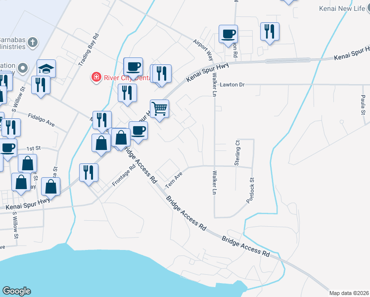 map of restaurants, bars, coffee shops, grocery stores, and more near 10489 Kenai Spur Highway in Kenai