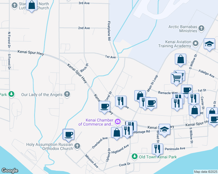 map of restaurants, bars, coffee shops, grocery stores, and more near 11648 Kenai Spur Highway in Kenai