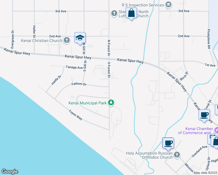 map of restaurants, bars, coffee shops, grocery stores, and more near 204 South Forest Drive in Kenai