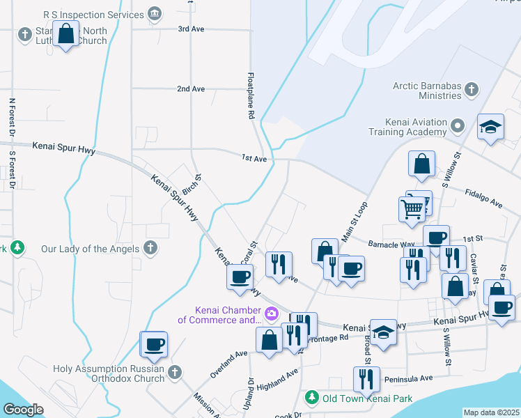 map of restaurants, bars, coffee shops, grocery stores, and more near 11648 Kenai Spur Hwy in Kenai